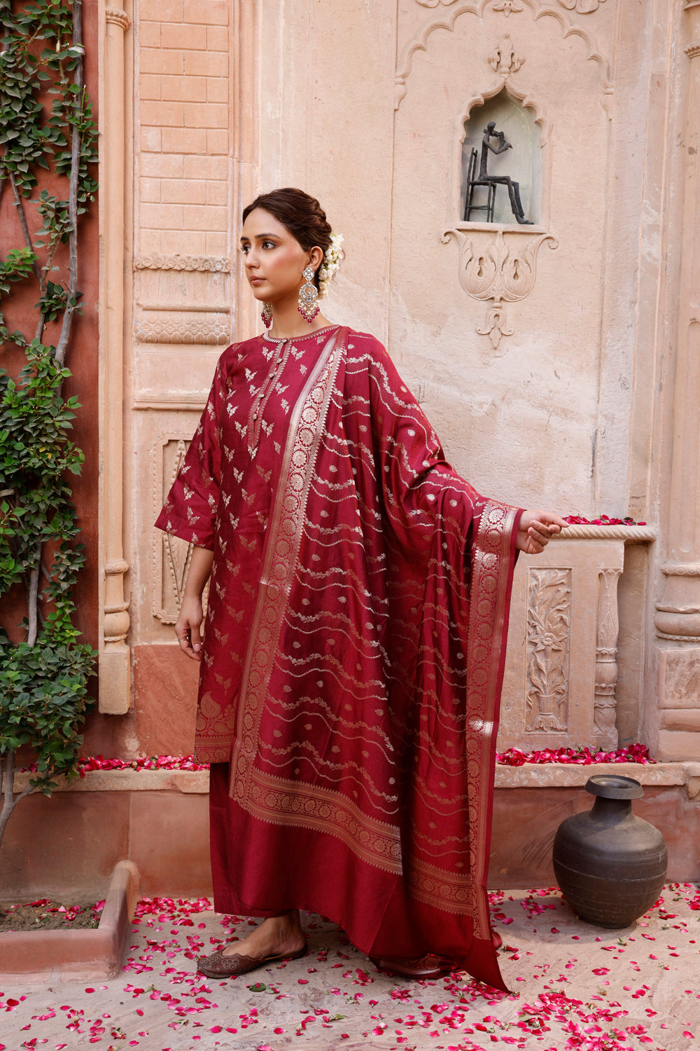 Wine Pure Silk Banarasi Kurta Set With Dupatta