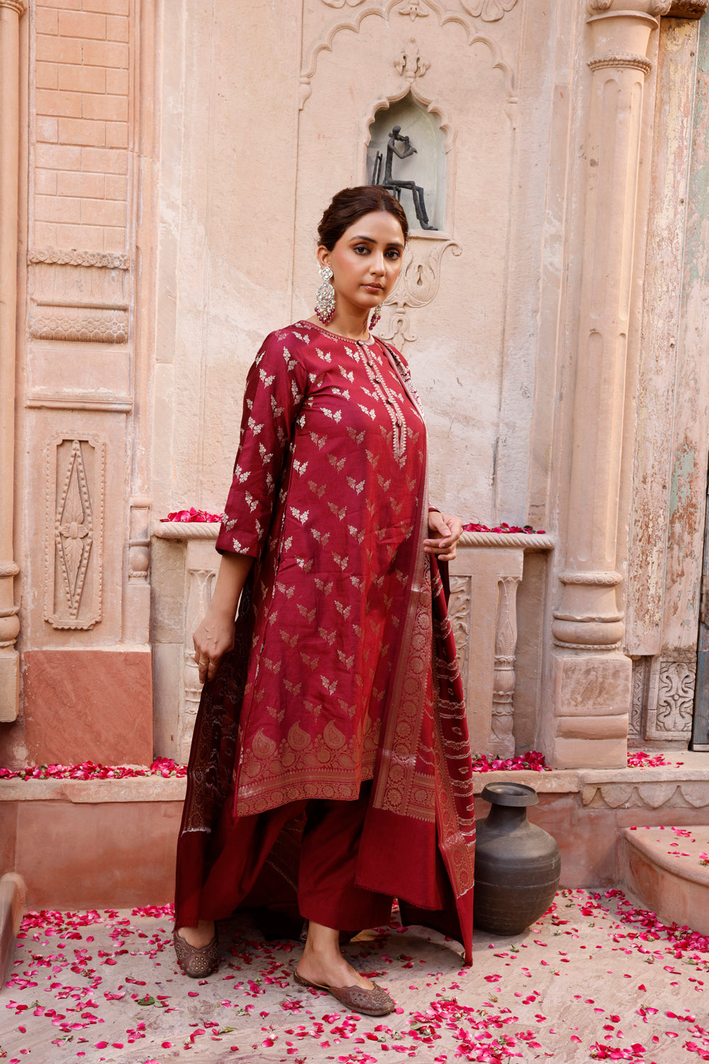 Wine Pure Silk Banarasi Kurta Set With Dupatta