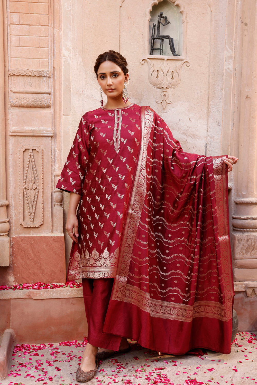 Wine Pure Silk Banarasi Kurta Set With Dupatta