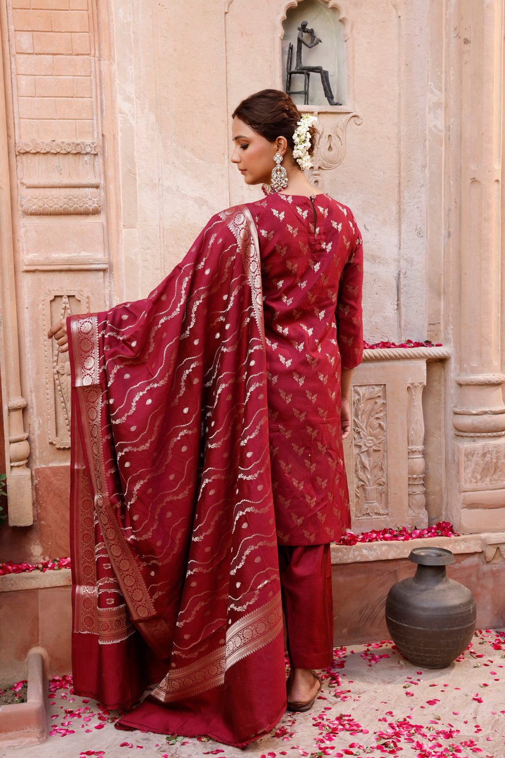 Wine Pure Silk Banarasi Kurta Set With Dupatta