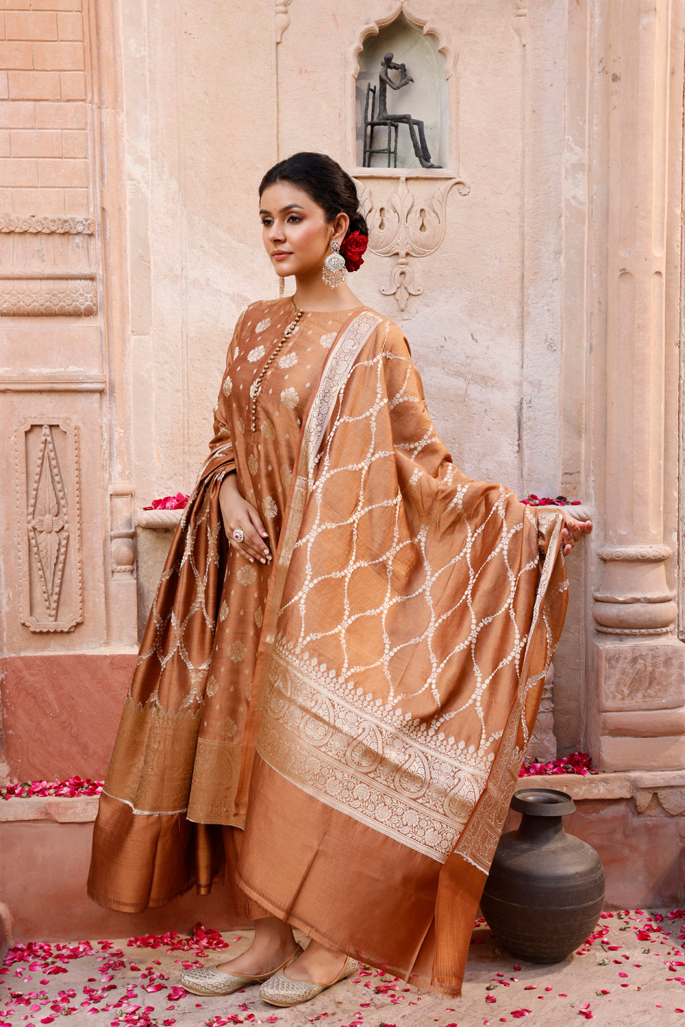 Mocha Brown Pure Silk Banarasi Kurta Set With Dupatta