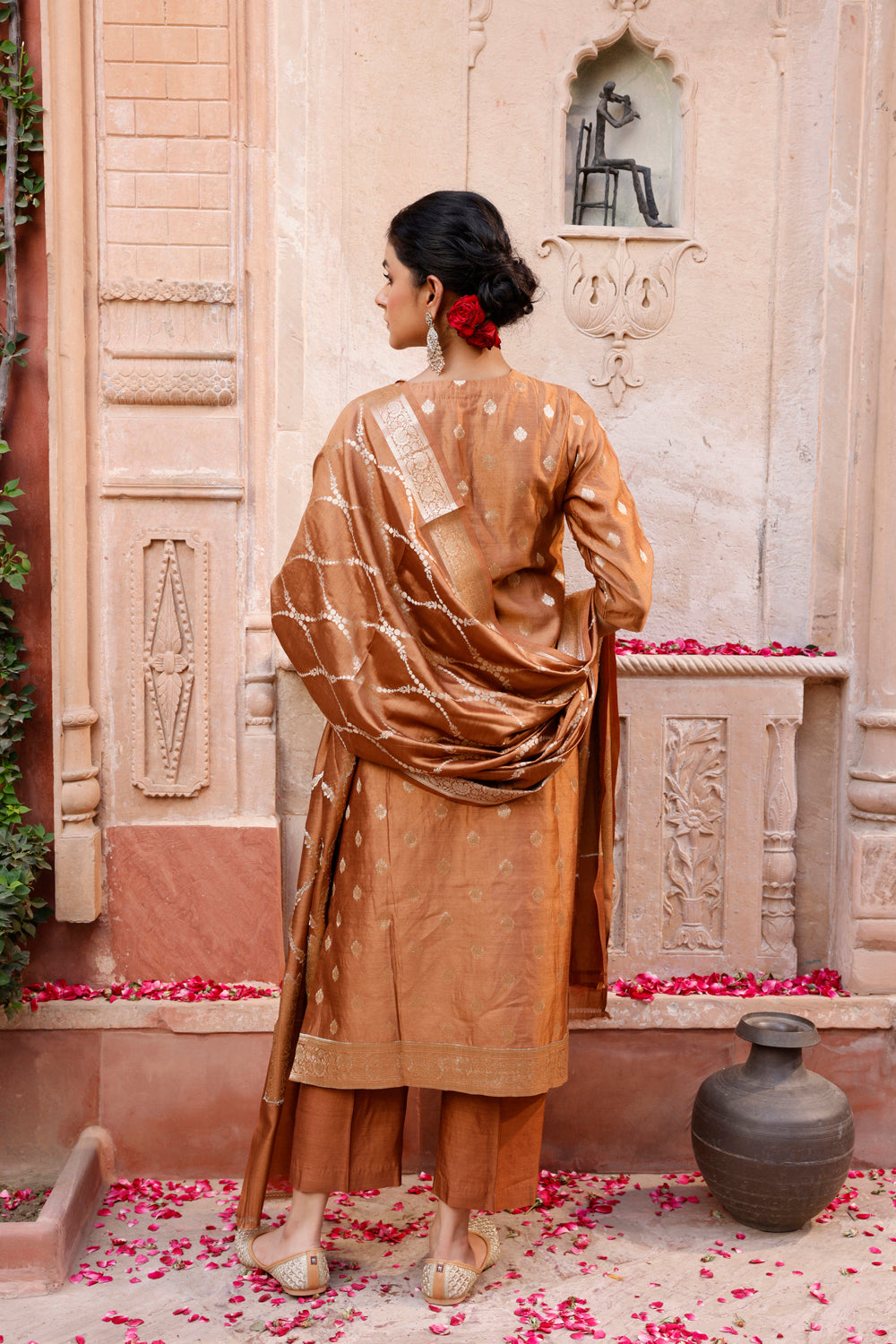 Mocha Brown Pure Silk Banarasi Kurta Set With Dupatta