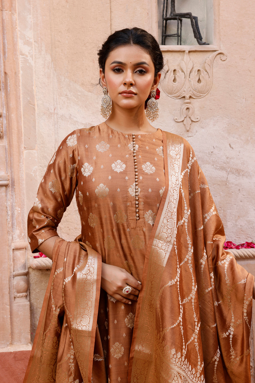 Mocha Brown Pure Silk Banarasi Kurta Set With Dupatta
