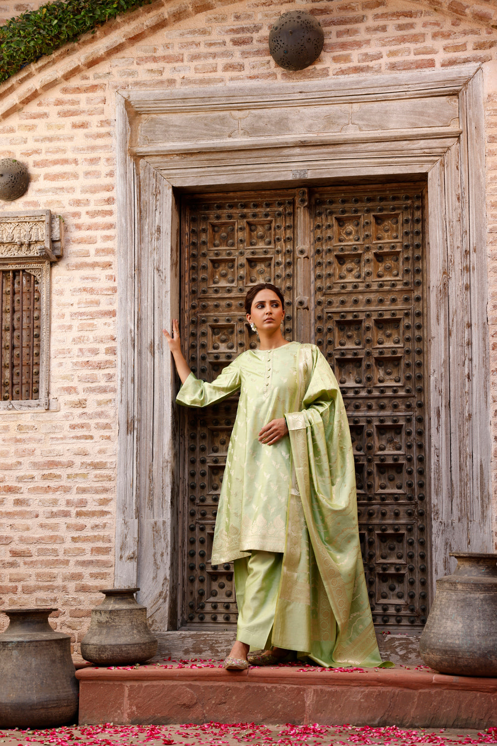 Pista Green Pure Silk Banarasi Kurta Set With Dupatta