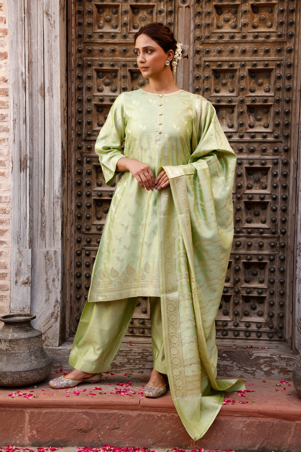 Pista Green Pure Silk Banarasi Kurta Set With Dupatta