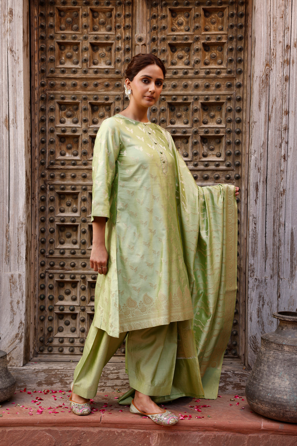 Pista Green Pure Silk Banarasi Kurta Set With Dupatta