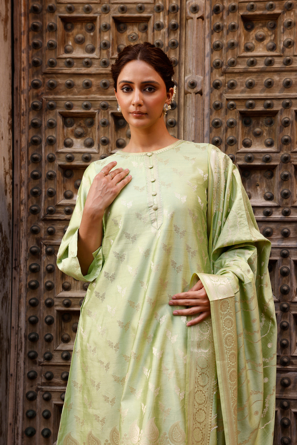 Pista Green Pure Silk Banarasi Kurta Set With Dupatta