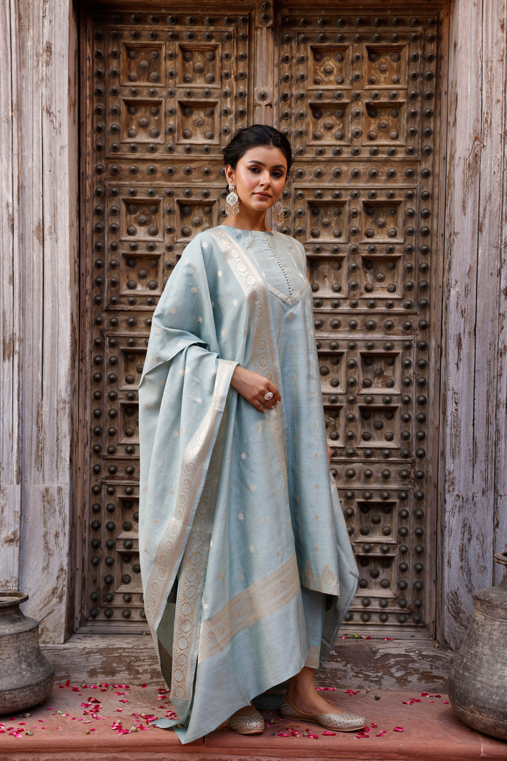 Powder Blue Pure Silk Banarasi Kurta Set With Dupatta