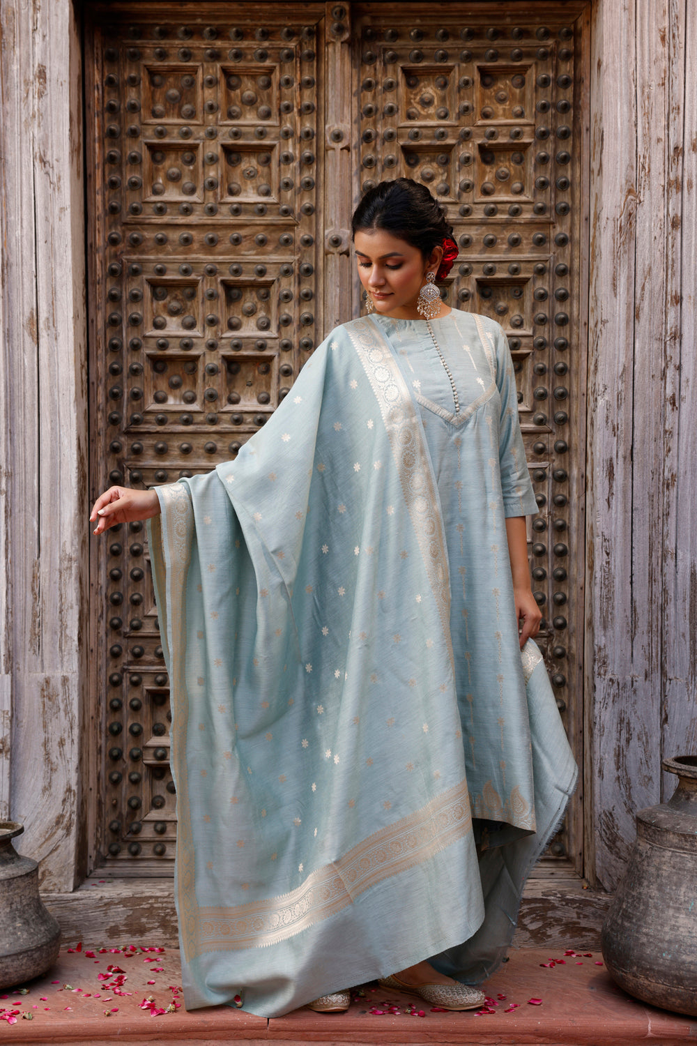 Powder Blue Pure Silk Banarasi Kurta Set With Dupatta