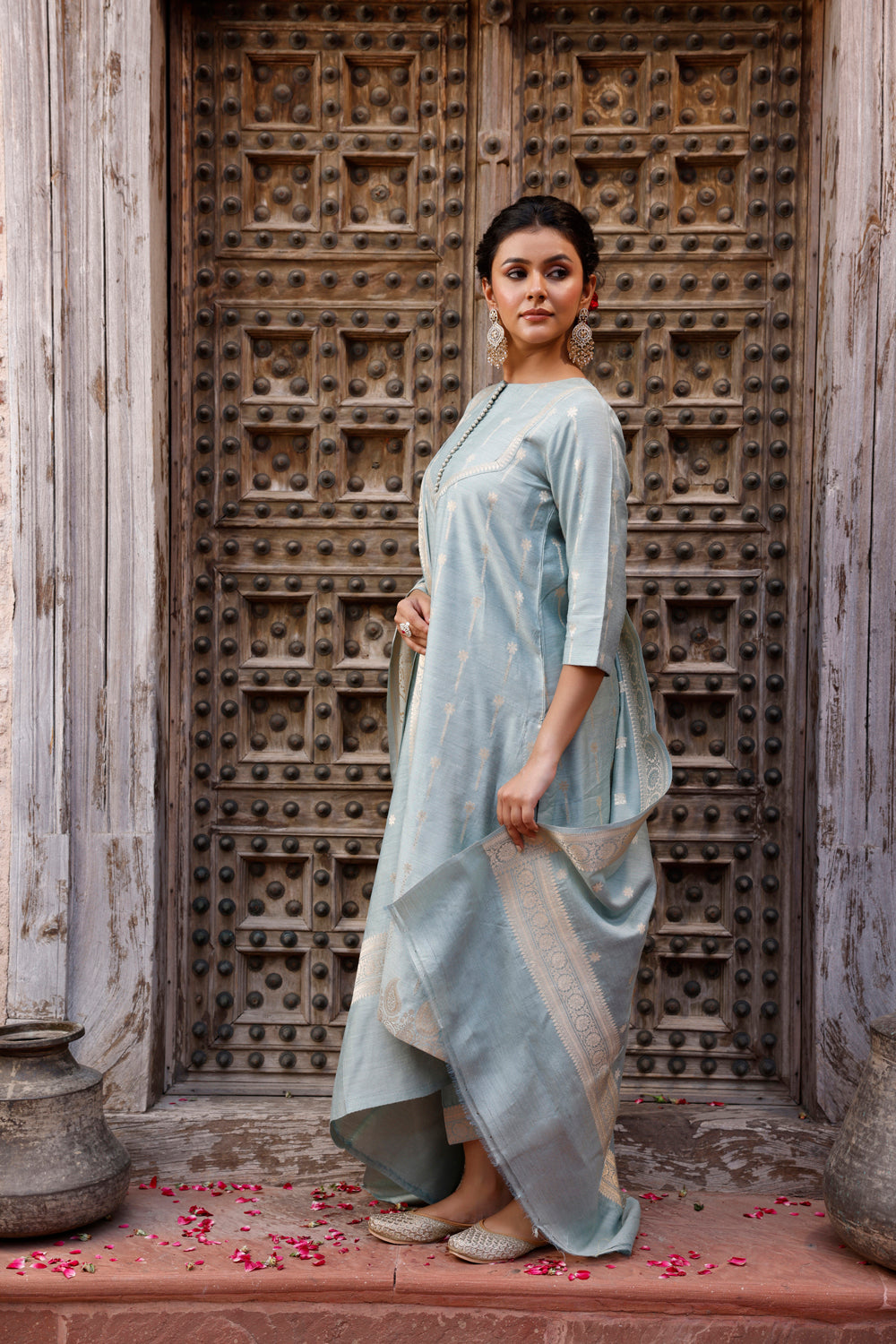 Powder Blue Pure Silk Banarasi Kurta Set With Dupatta