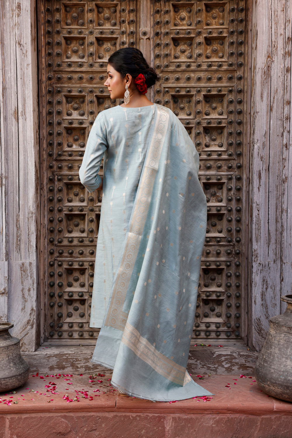 Powder Blue Pure Silk Banarasi Kurta Set With Dupatta