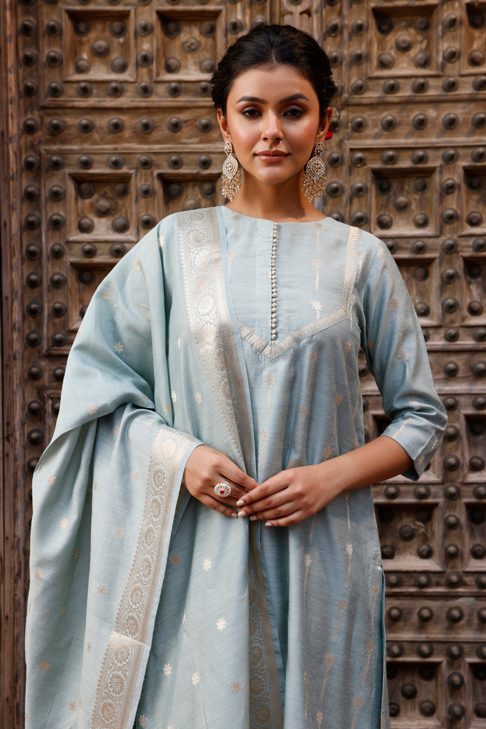 Powder Blue Pure Silk Banarasi Kurta Set With Dupatta