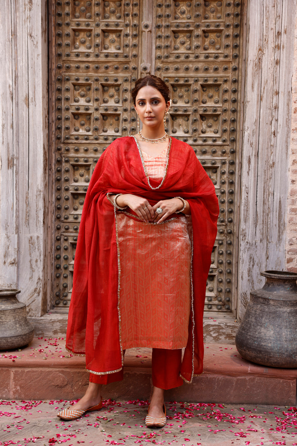 Metallic Orange Pure Silk Banarasi Kurta Set With Dupatta