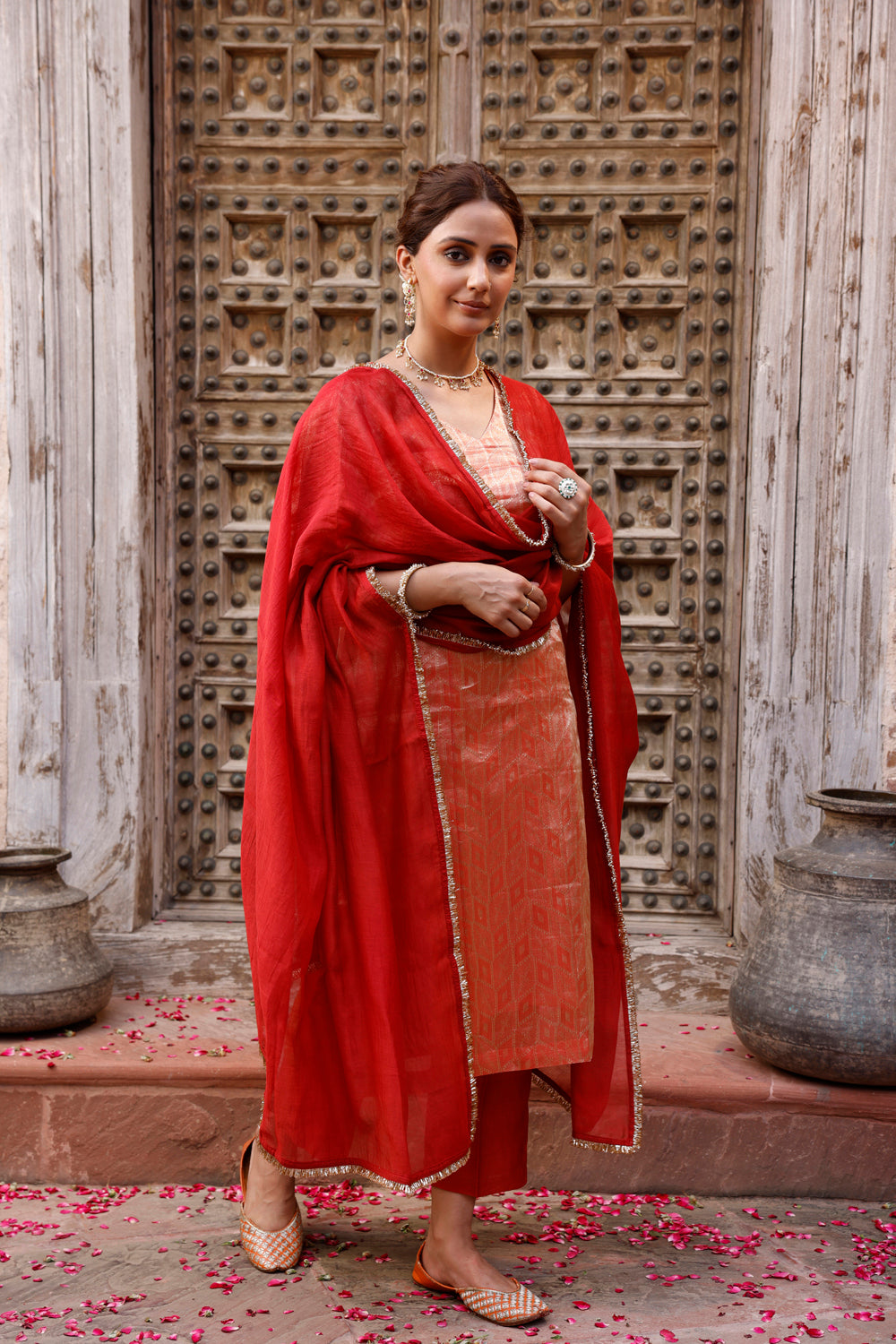 Metallic Orange Pure Silk Banarasi Kurta Set With Dupatta