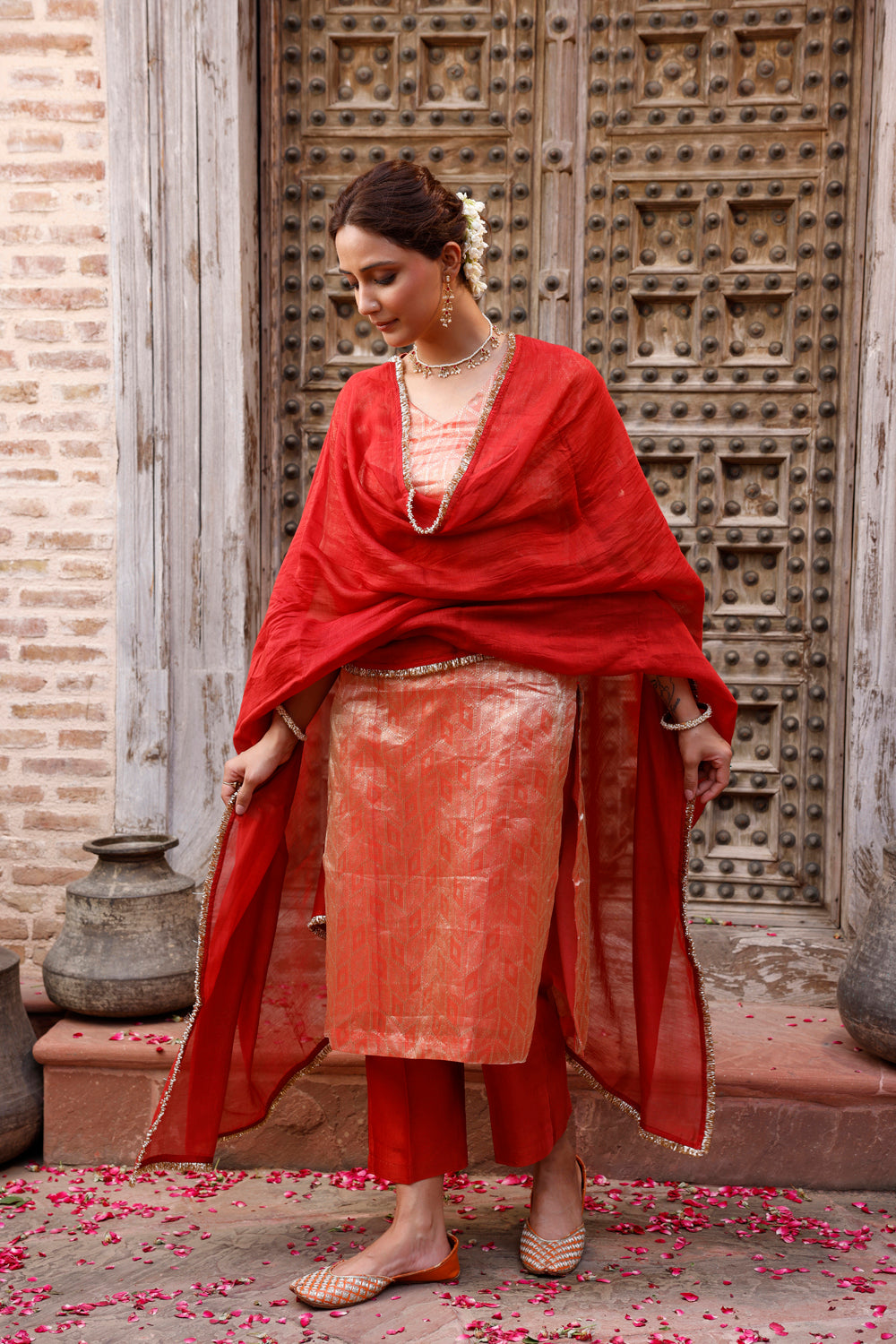 Metallic Orange Pure Silk Banarasi Kurta Set With Dupatta