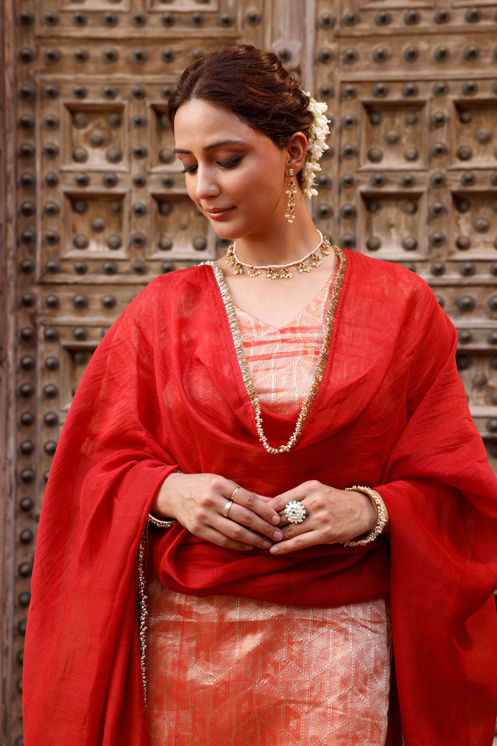 Metallic Orange Pure Silk Banarasi Kurta Set With Dupatta