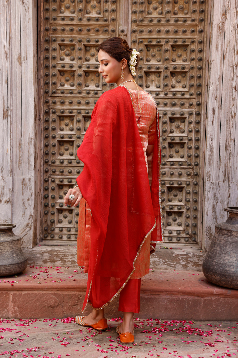 Metallic Orange Pure Silk Banarasi Kurta Set With Dupatta