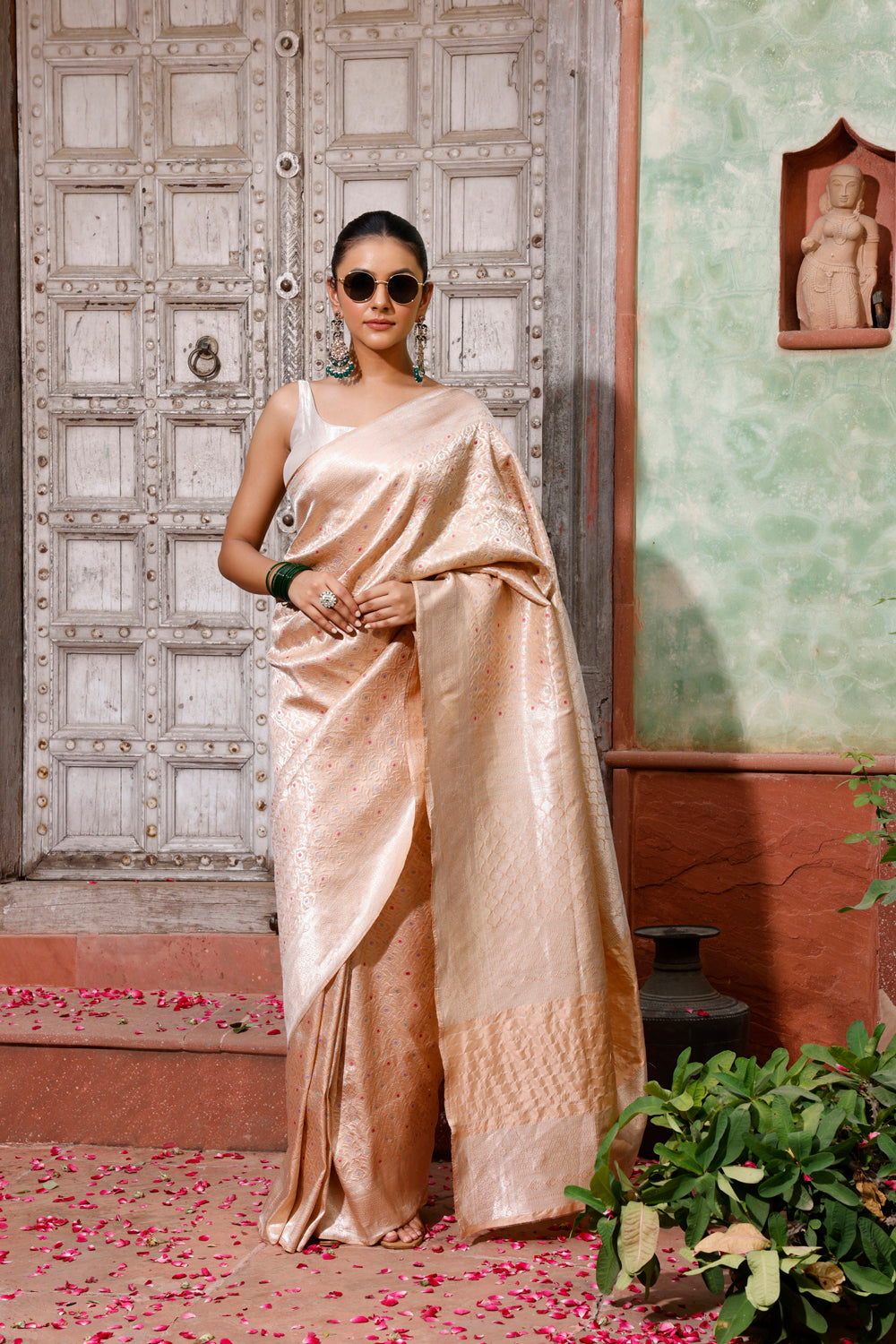 Handloom Cream Pink Pure Silk Banarasi Saree