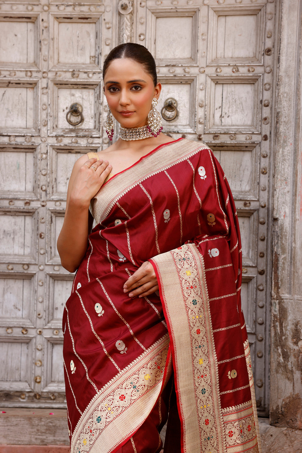 Handloom Wine Pure Silk Kadua Banarasi Saree