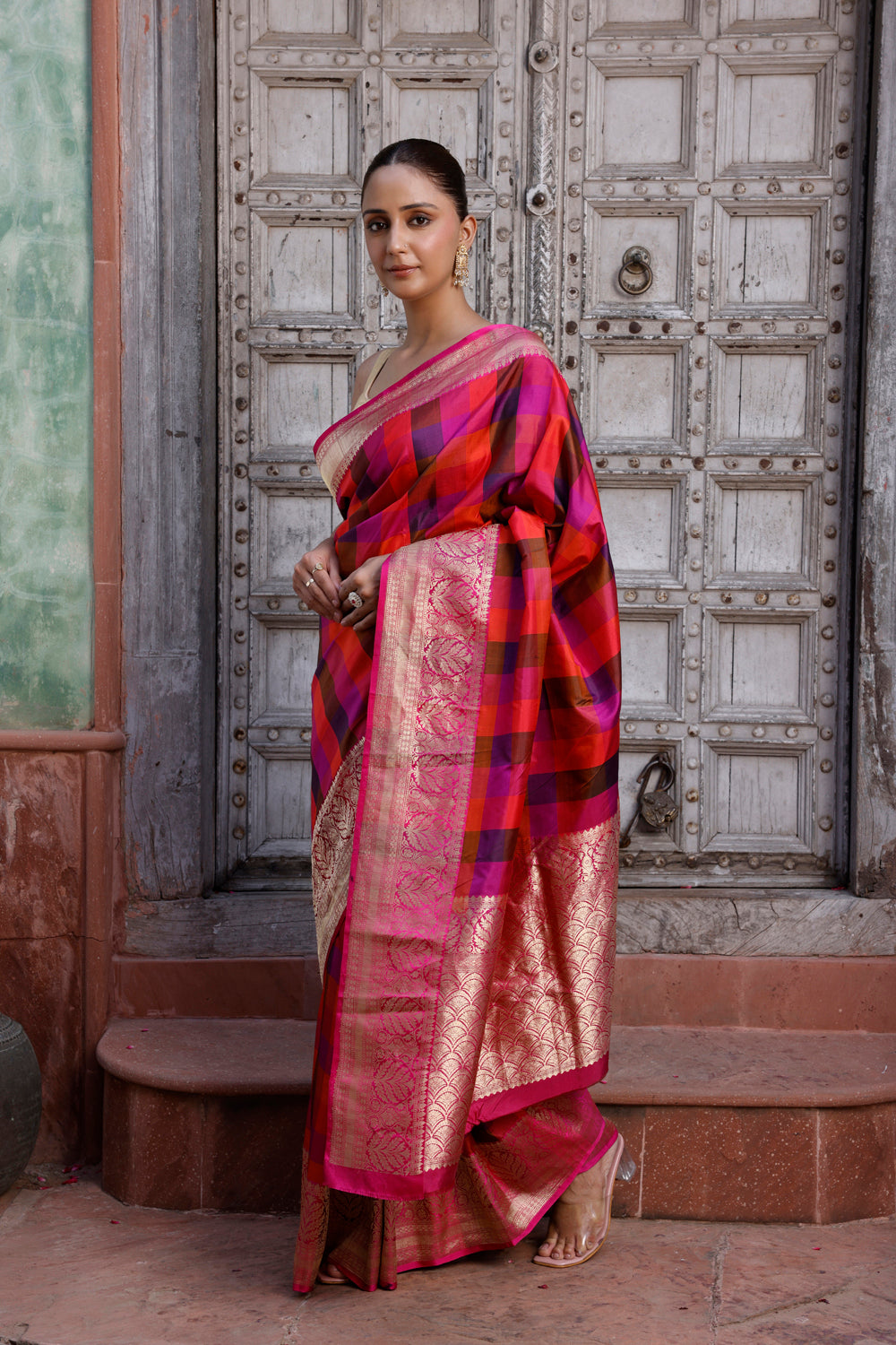 Handloom Pink Multi Colour Box Checks Pure Silk Banarasi Saree
