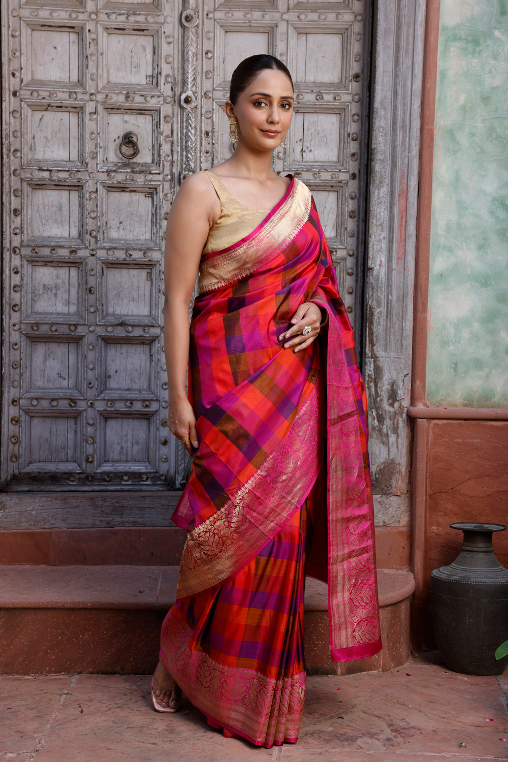 Handloom Pink Multi Colour Box Checks Pure Silk Banarasi Saree