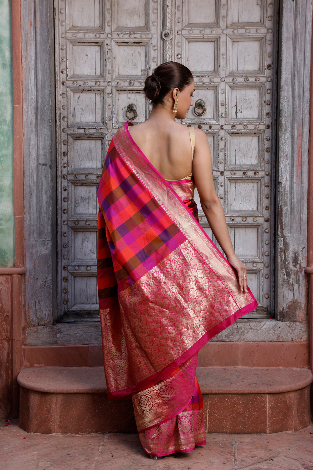 Handloom Pink Multi Colour Box Checks Pure Silk Banarasi Saree