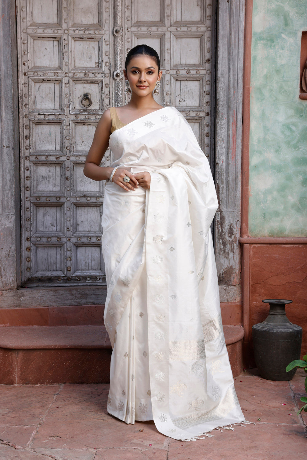 Handloom White Pure Silk Banarasi Saree with Gold & Silver Motifs