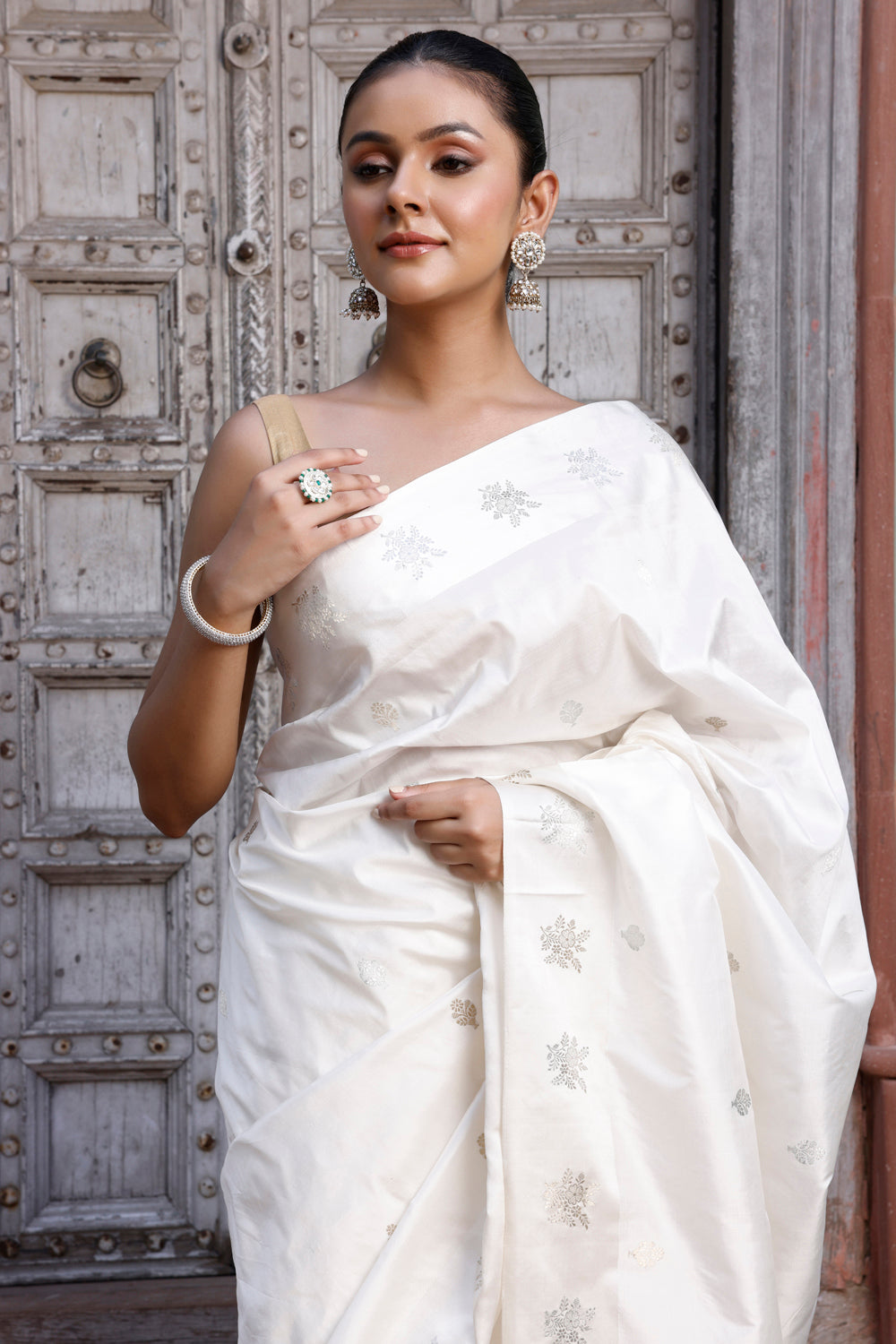 Handloom White Pure Silk Banarasi Saree with Gold & Silver Motifs