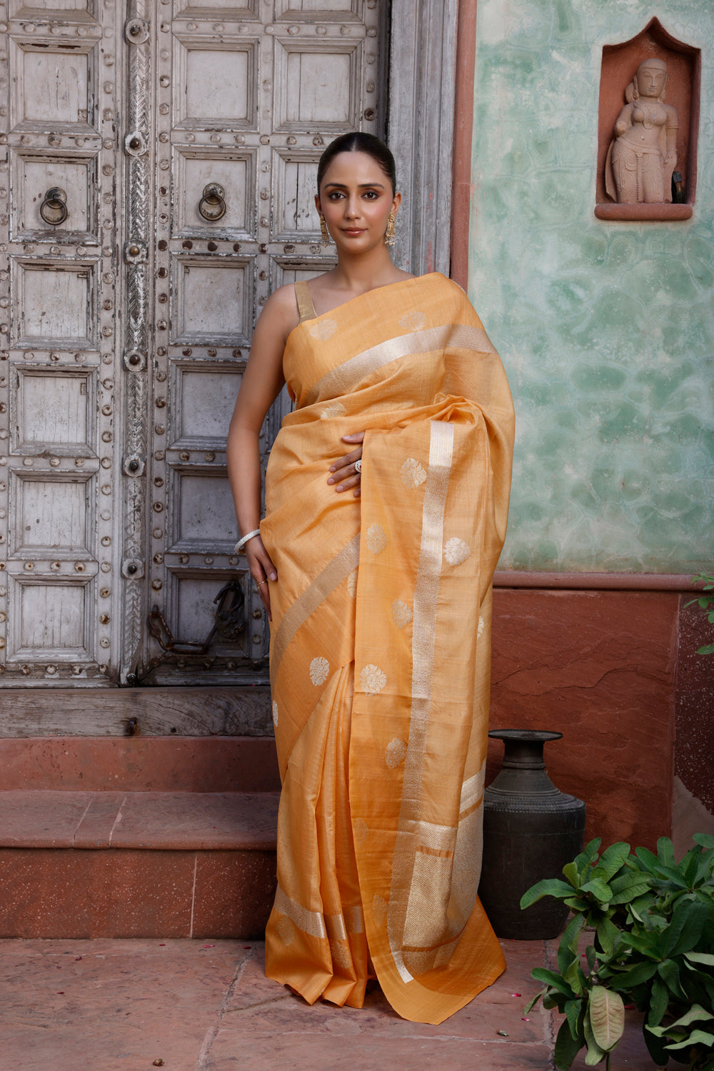 Handloom Light Orange Pure Silk Banarasi Saree