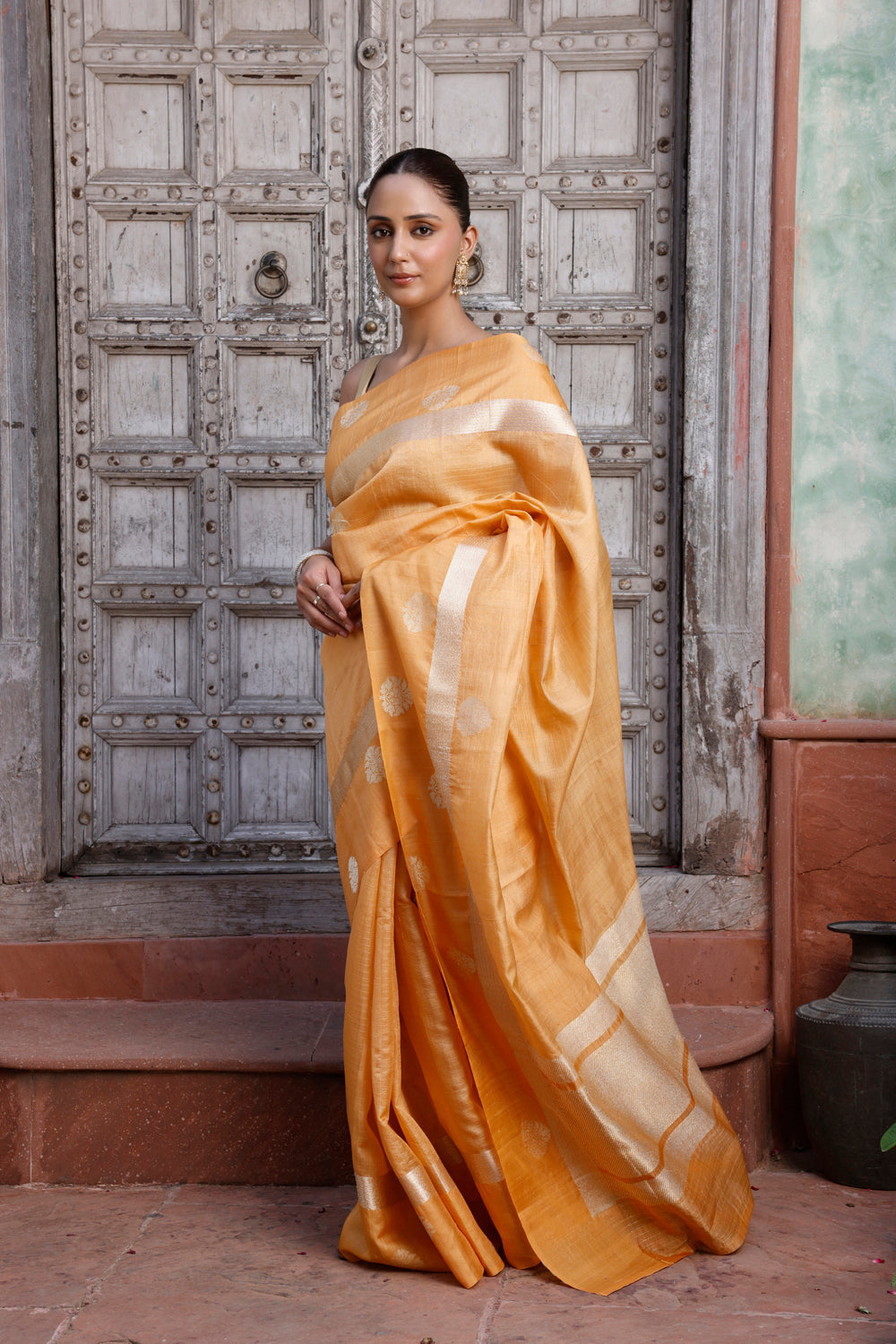 Handloom Light Orange Pure Silk Banarasi Saree