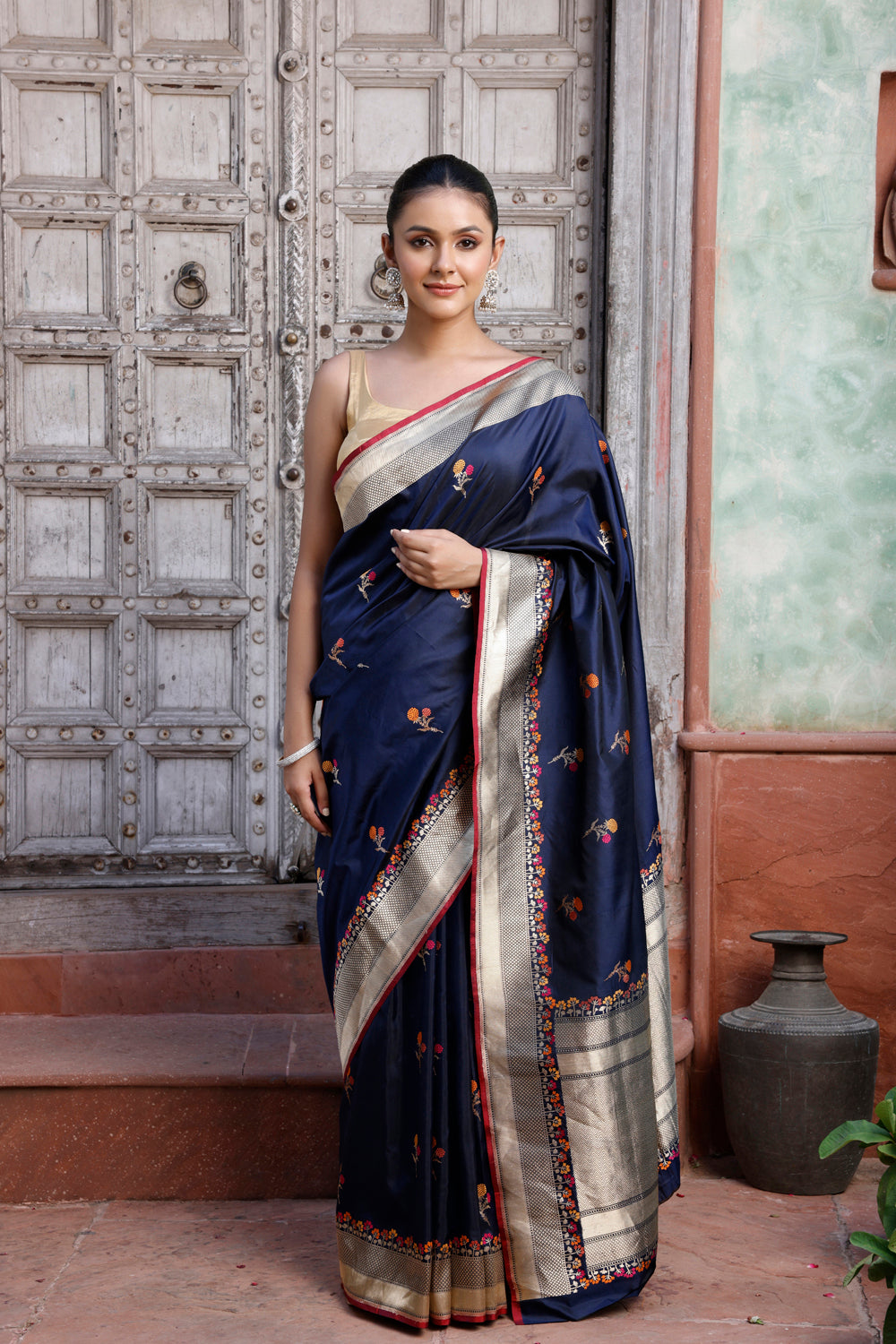 Handloom Navy Blue Pure Silk Kadua Banarasi Saree