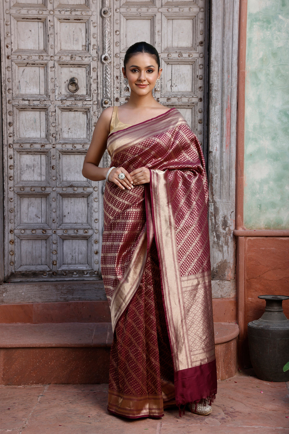 Handloom Wine Pure Silk Brocade Banarasi Saree