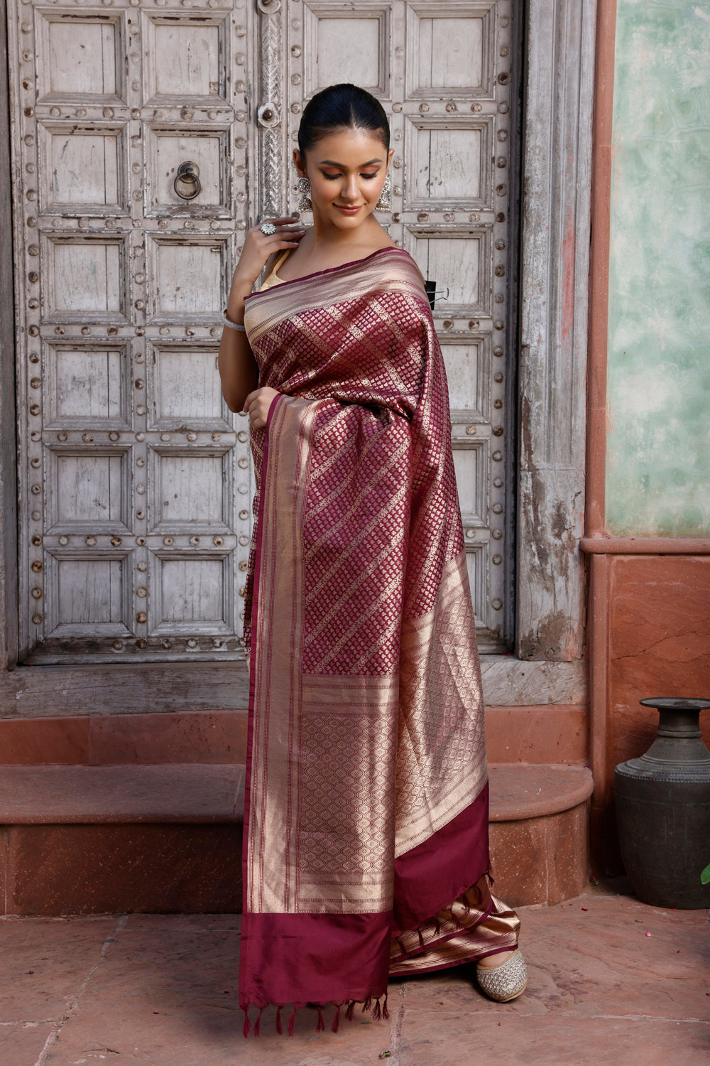 Handloom Wine Pure Silk Brocade Banarasi Saree