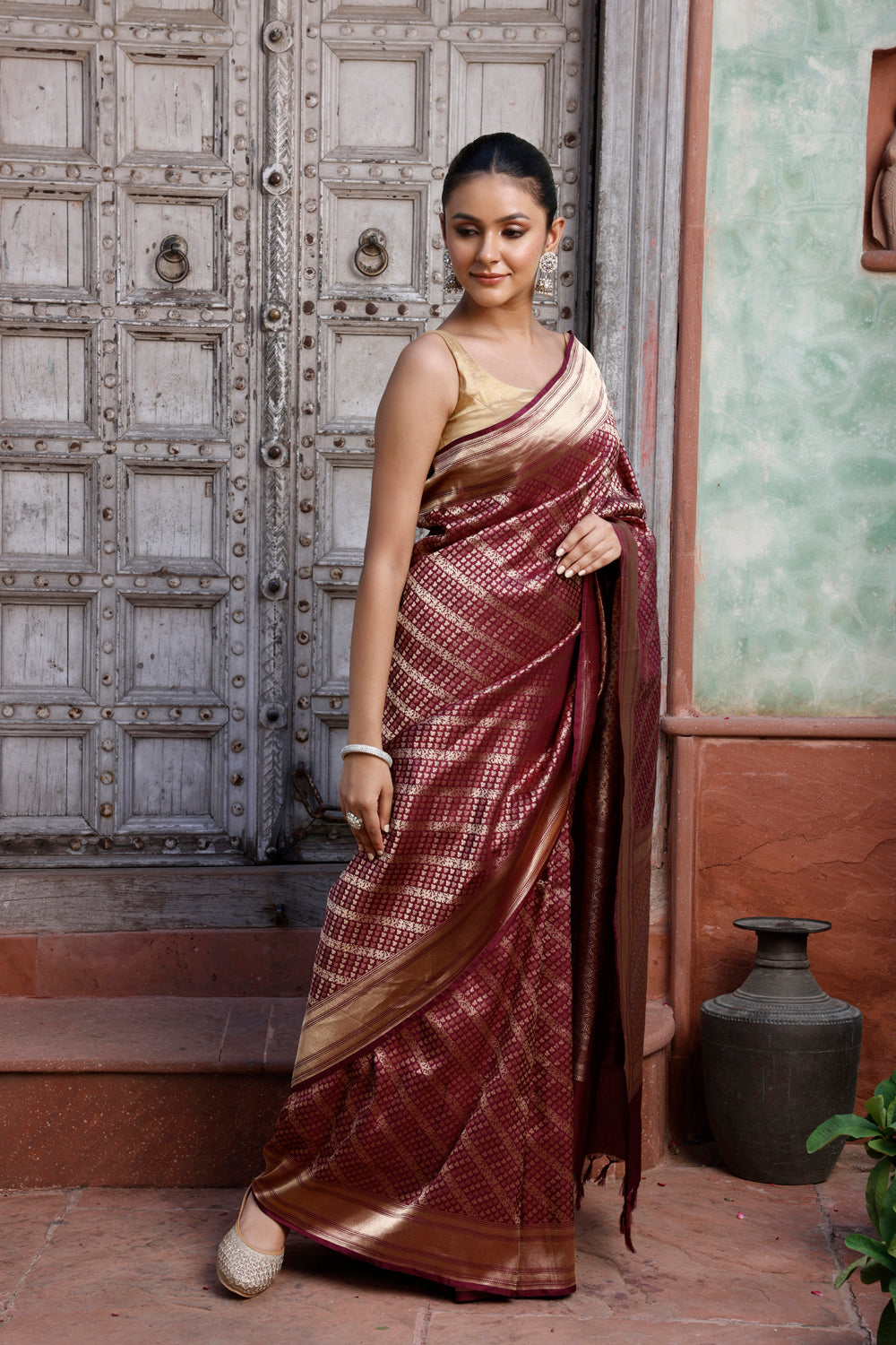 Handloom Wine Pure Silk Brocade Banarasi Saree