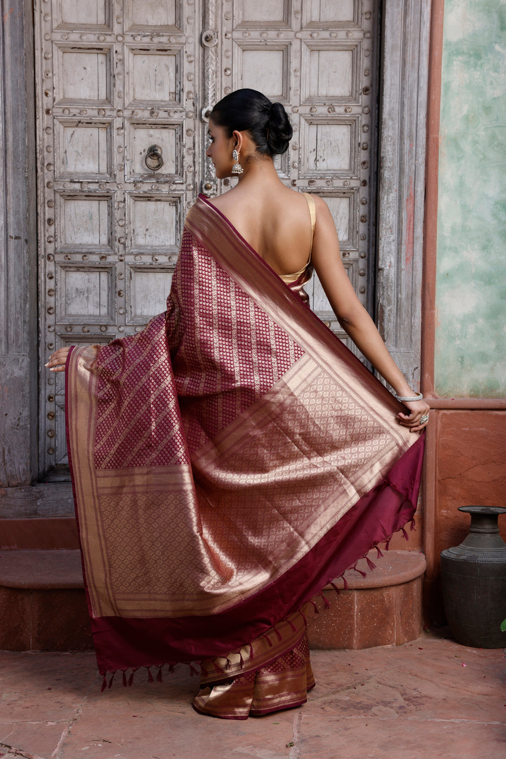 Handloom Wine Pure Silk Brocade Banarasi Saree
