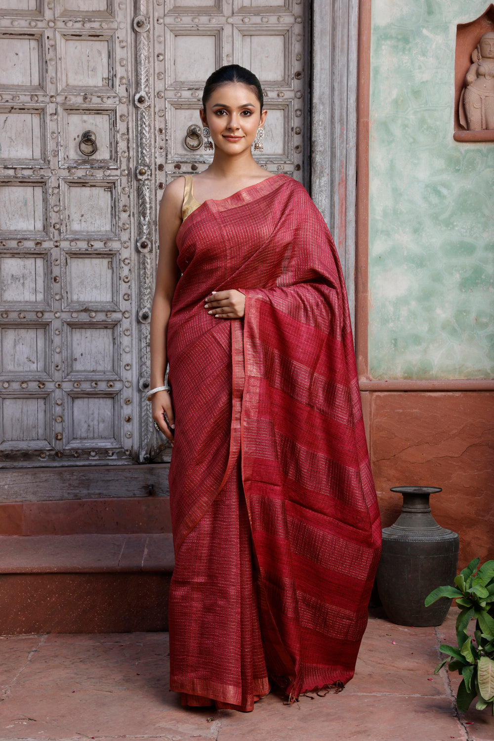 Handloom Maroon Gold Zari Checks Pure Silk Saree