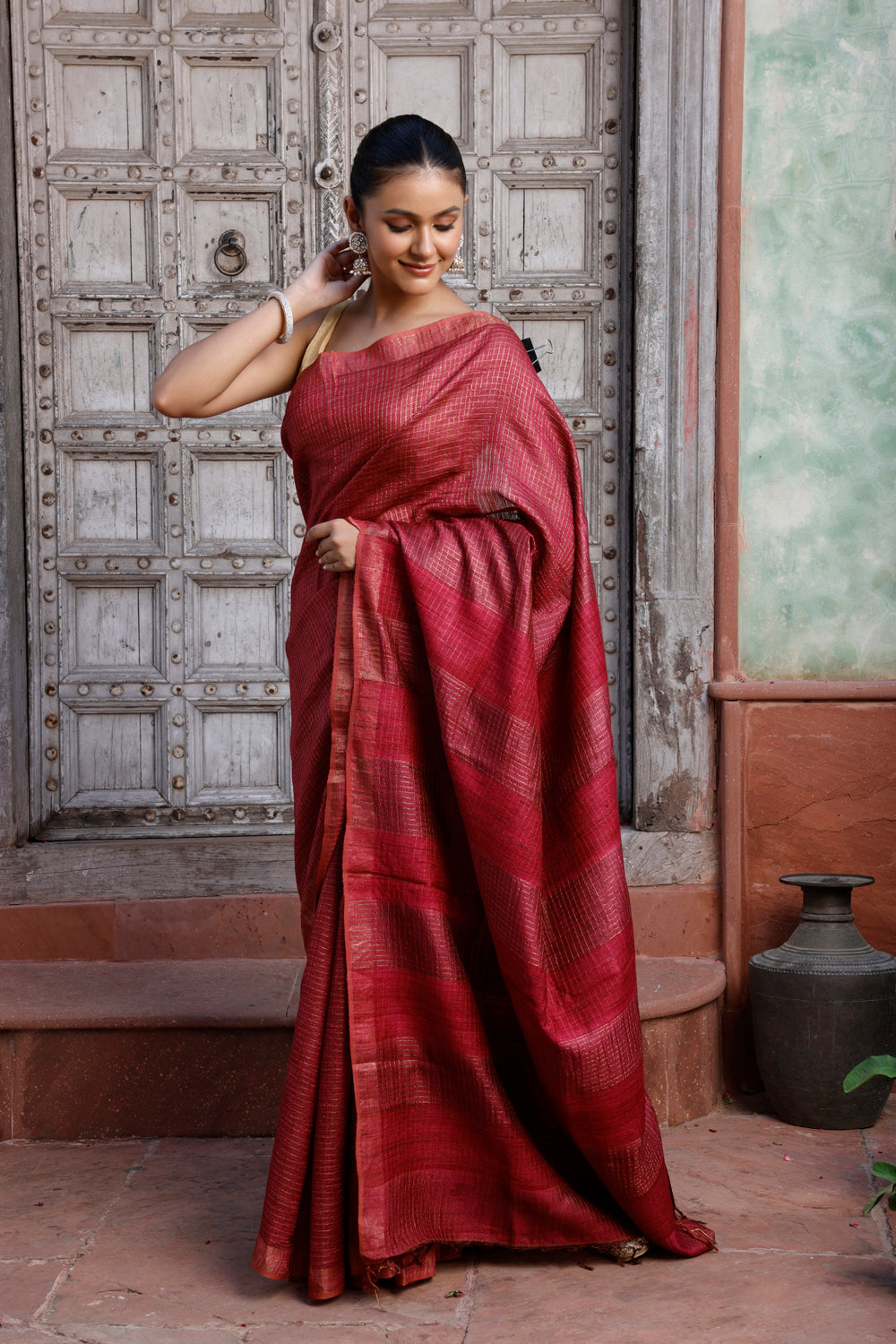 Handloom Maroon Gold Zari Checks Pure Silk Saree