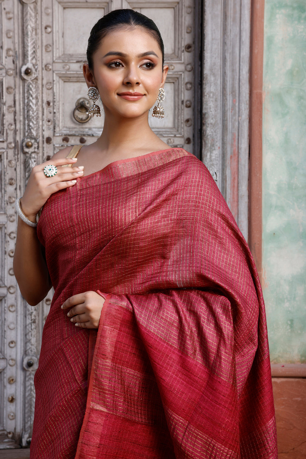 Handloom Maroon Gold Zari Checks Pure Silk Saree