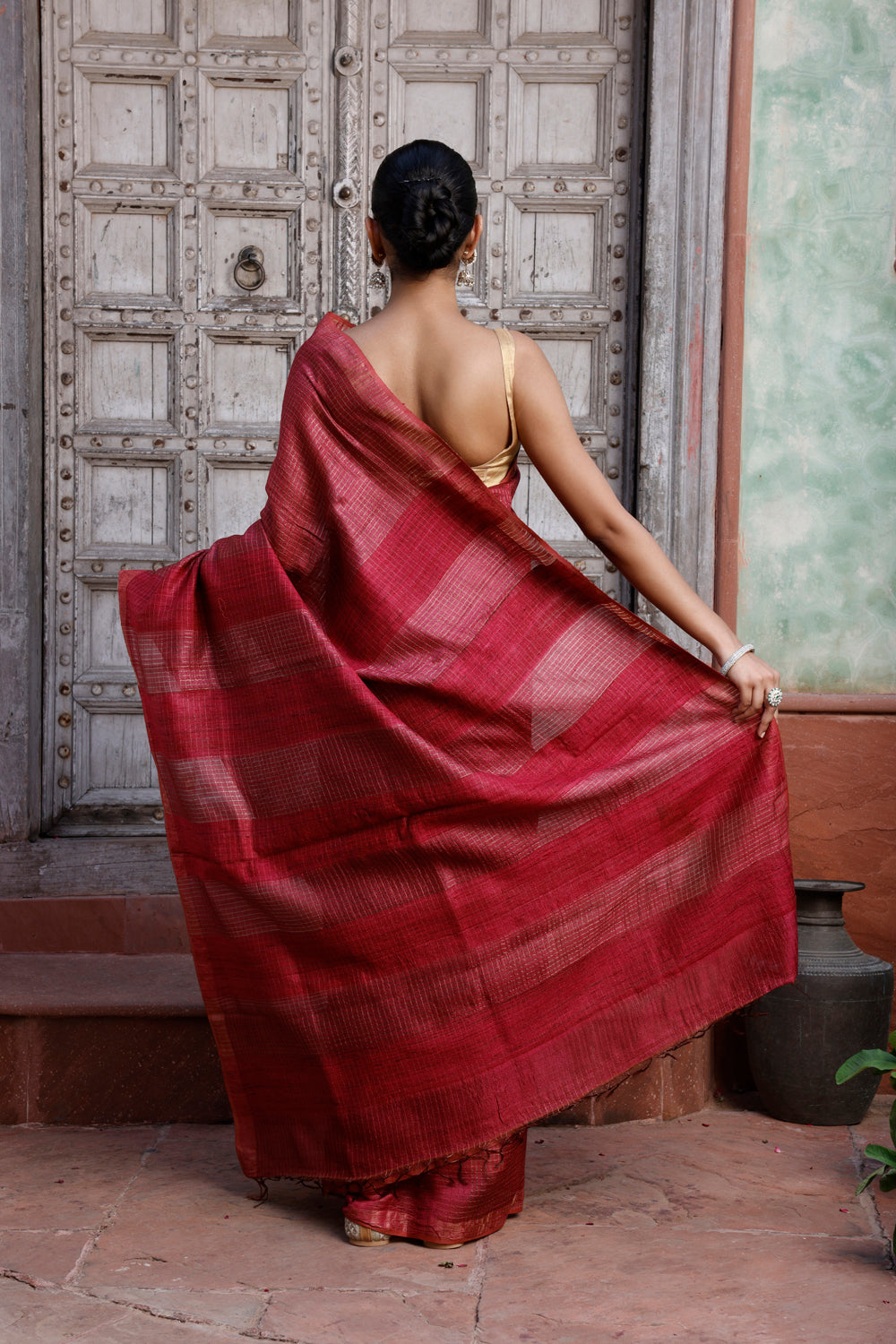 Handloom Maroon Gold Zari Checks Pure Silk Saree