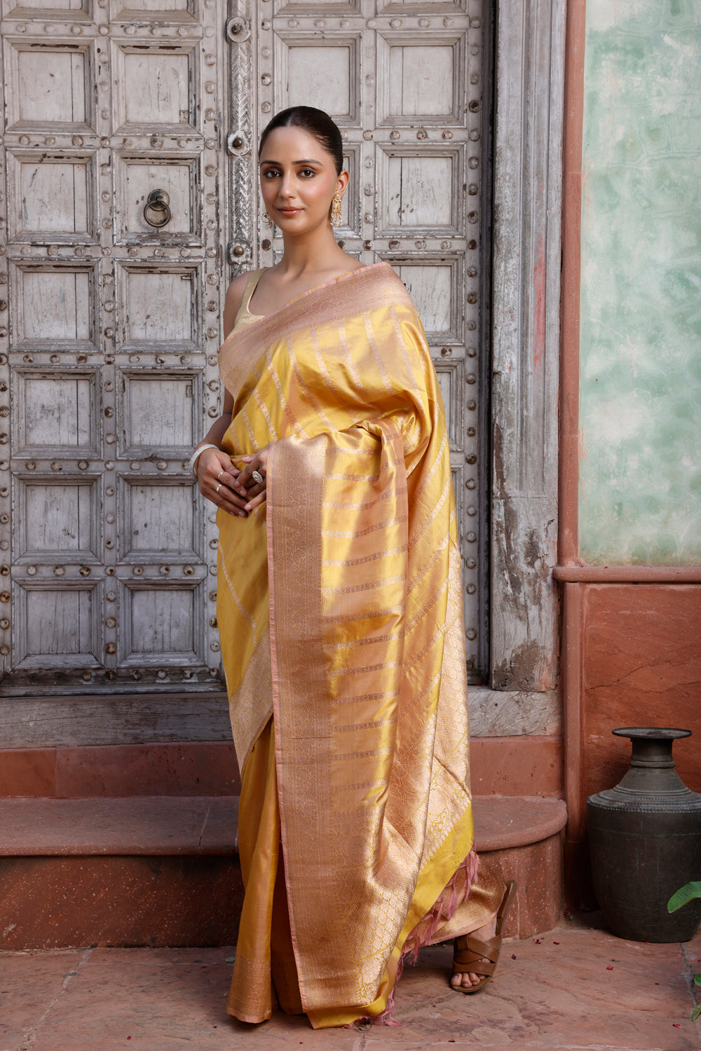 Handloom Metallic Yellow Pure Silk Banarasi Saree