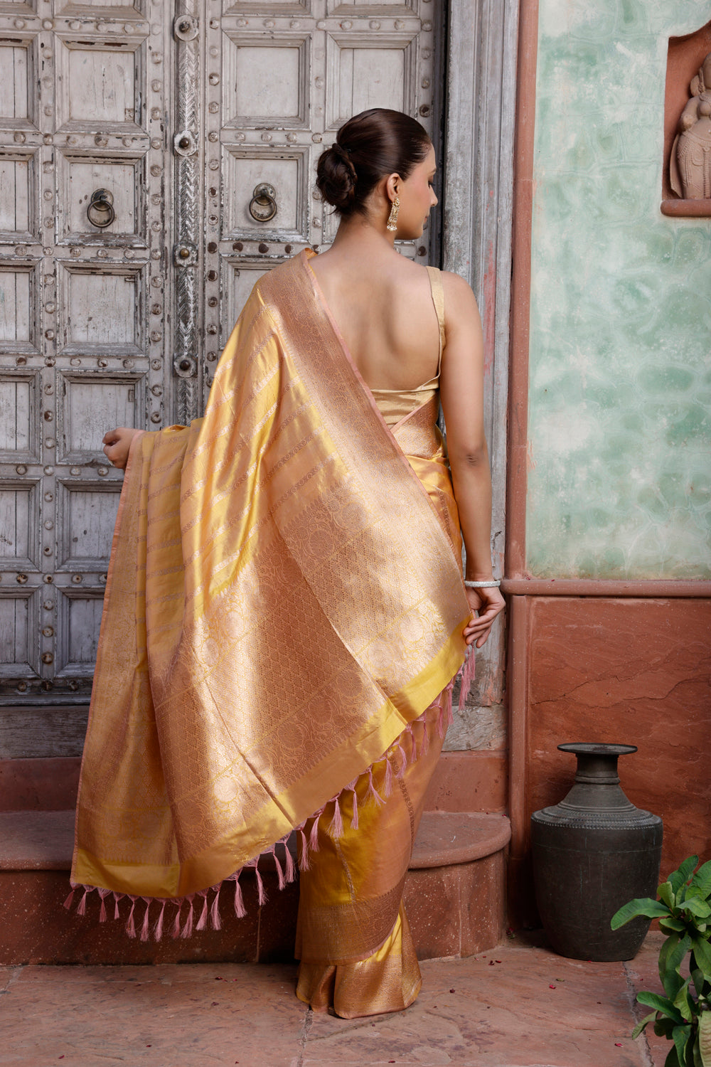 Handloom Metallic Yellow Pure Silk Banarasi Saree