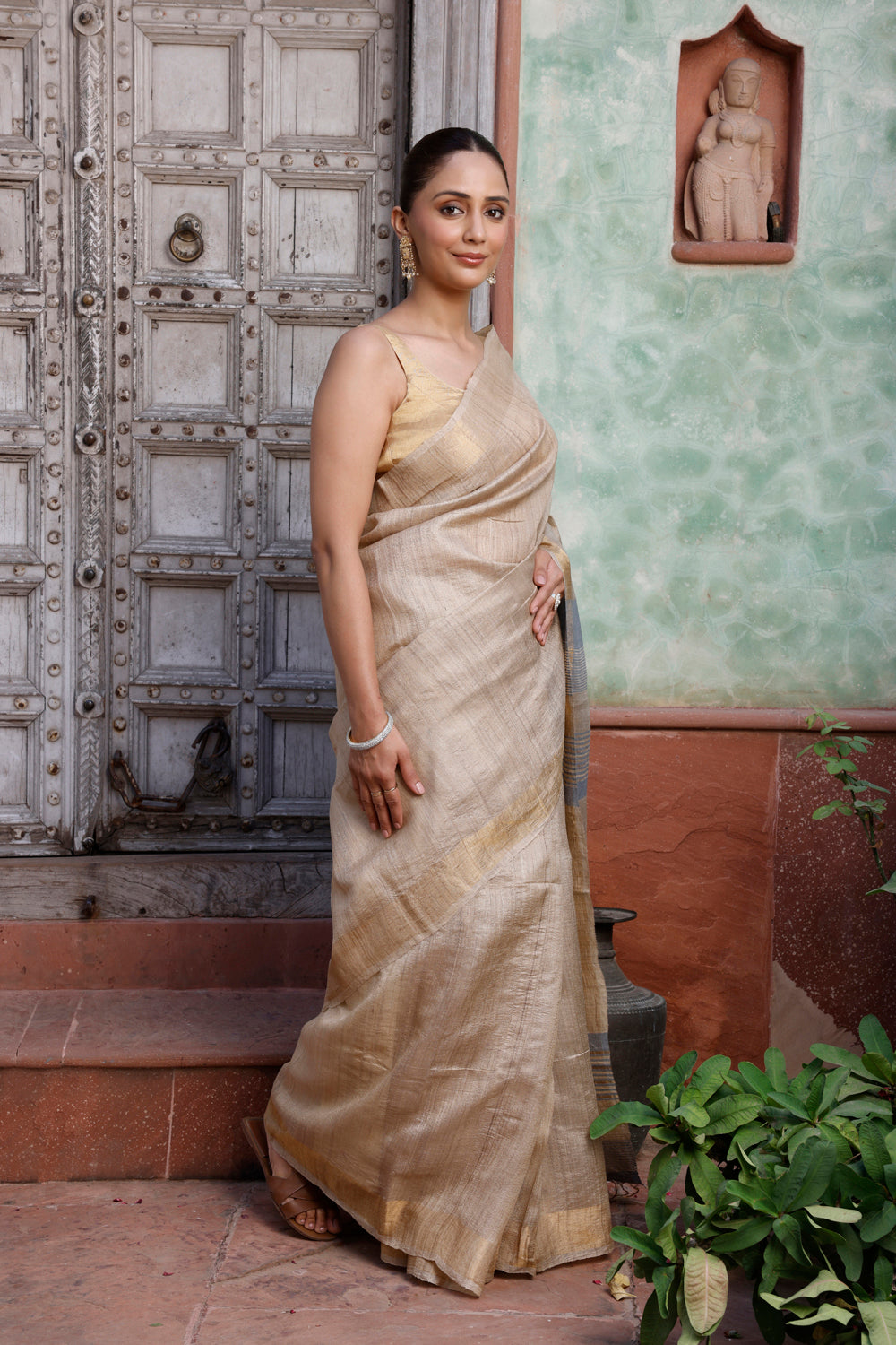 Handloom Beige Pure Silk Saree with Gold Border & Grey Pallu
