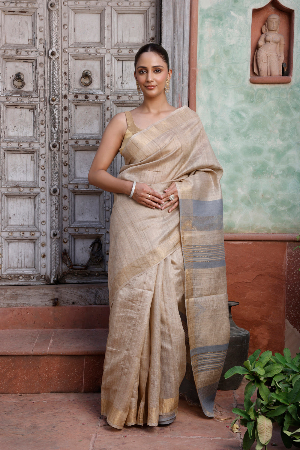 Handloom Beige Pure Silk Saree with Gold Border & Grey Pallu