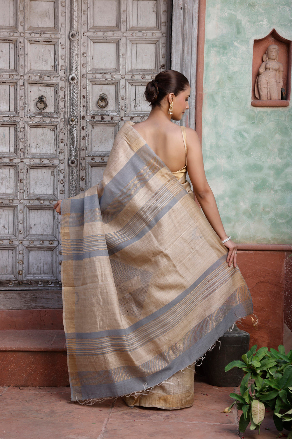 Handloom Beige Pure Silk Saree with Gold Border & Grey Pallu