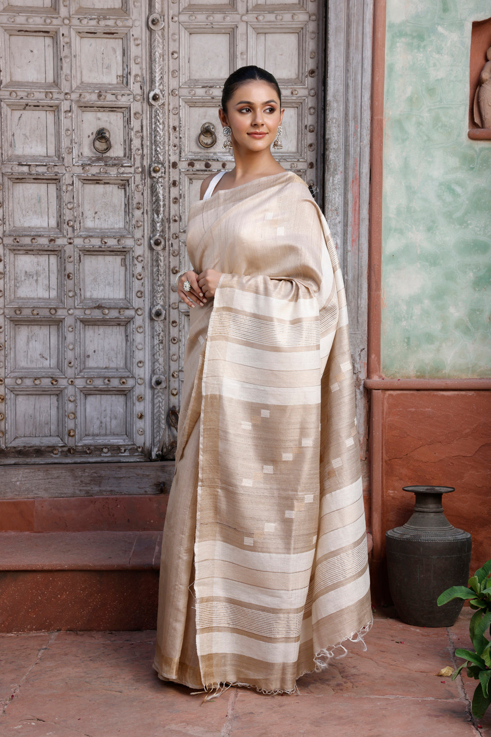 Handloom Beige Pure Silk Saree with Gold Border & White Pallu