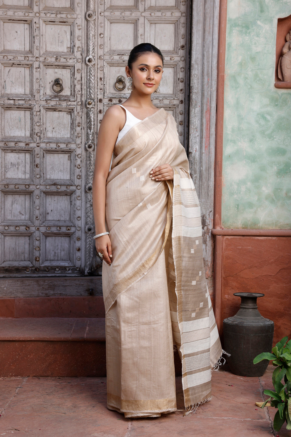 Handloom Beige Pure Silk Saree with Gold Border & White Pallu