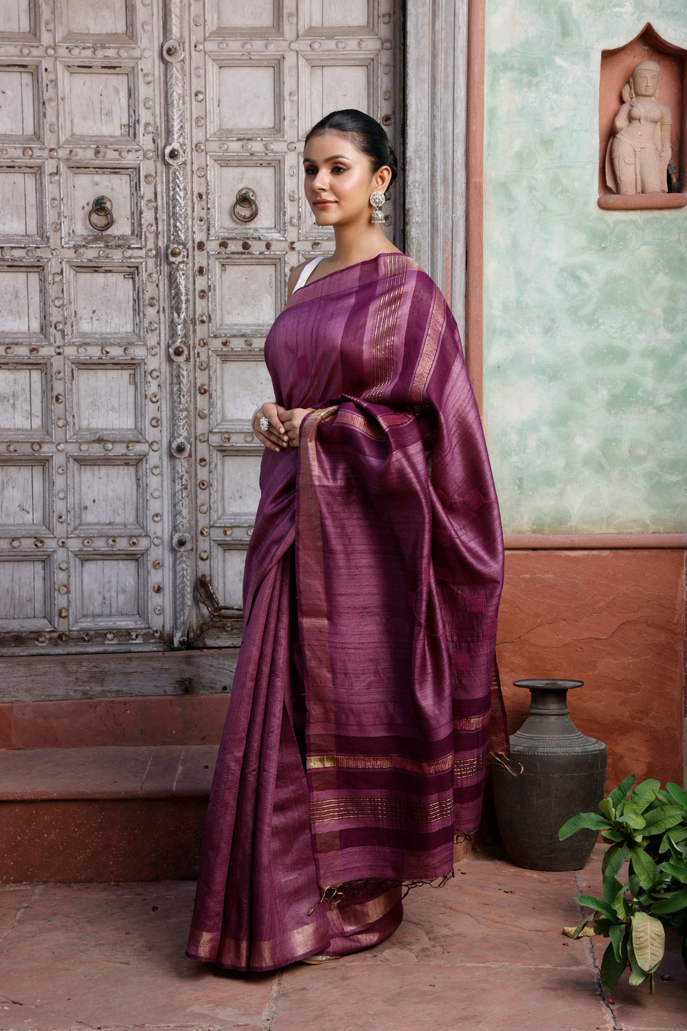 Handloom Wine Pure Silk Saree with Gold Border