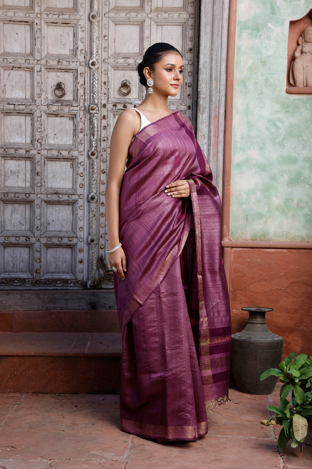 Handloom Wine Pure Silk Saree with Gold Border