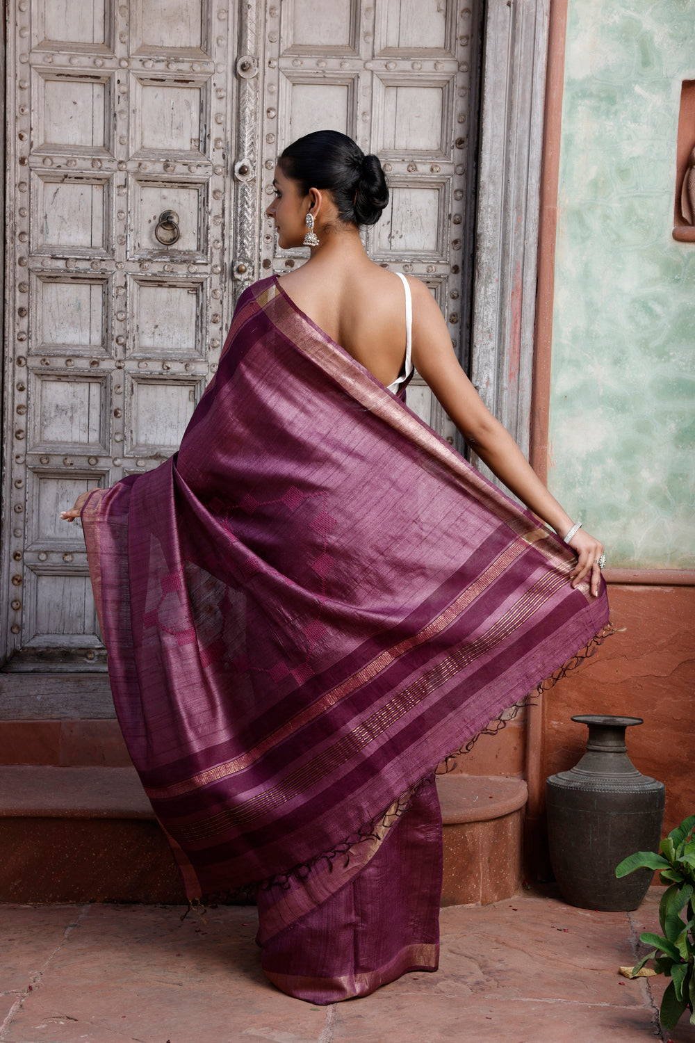 Handloom Wine Pure Silk Saree with Gold Border