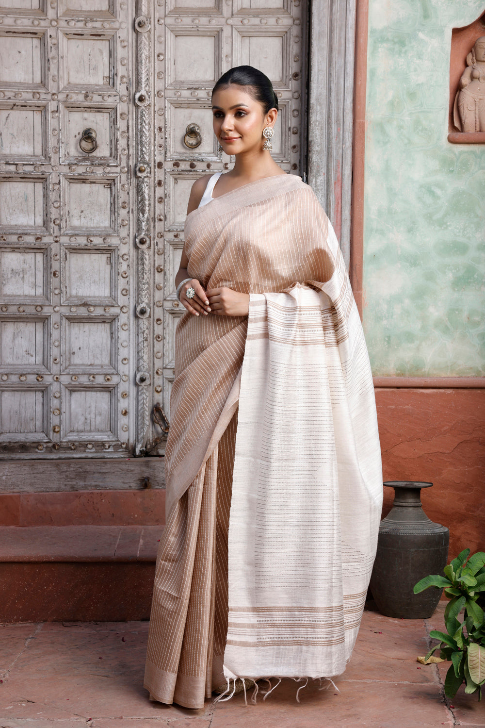 Handloom Beige Pure Silk Saree with White Stripes